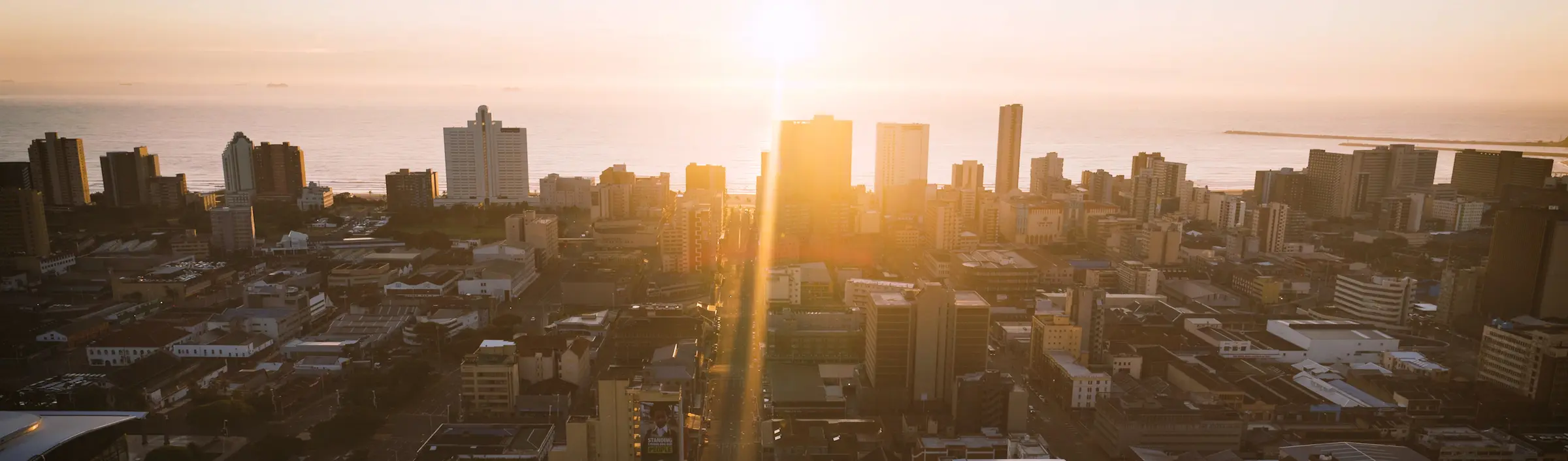 Aerial drone footage of Durban cityscape KwaZulu-Natal